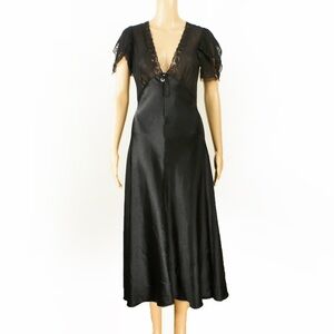 Vintage 80s Christian Dior Black Lace Trim Satin Semi Sheer Lingerie Night Dress